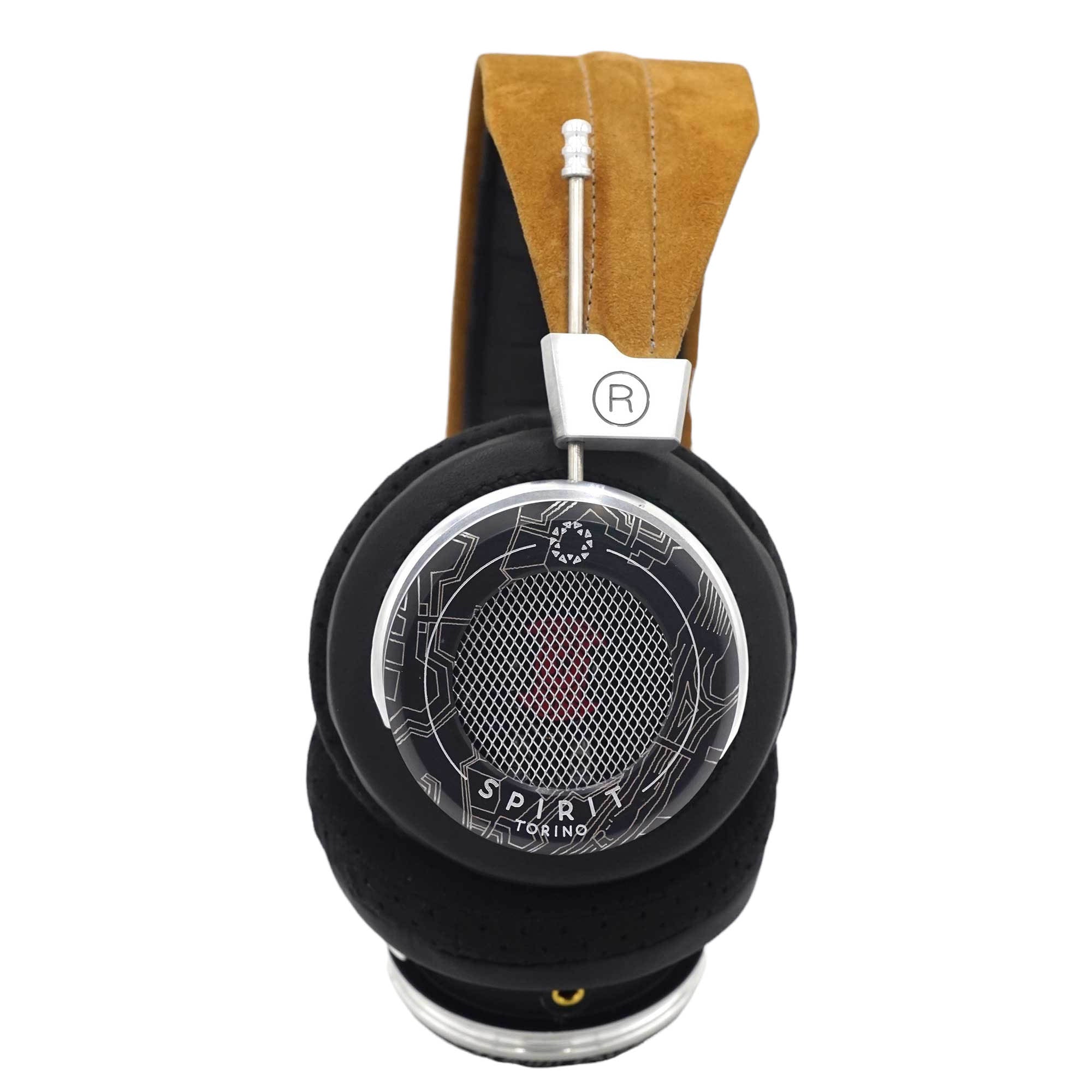 Close-up of Spirit Torino Super Leggera 1706 dynamic open back headphones with black ear pads and suede headband
