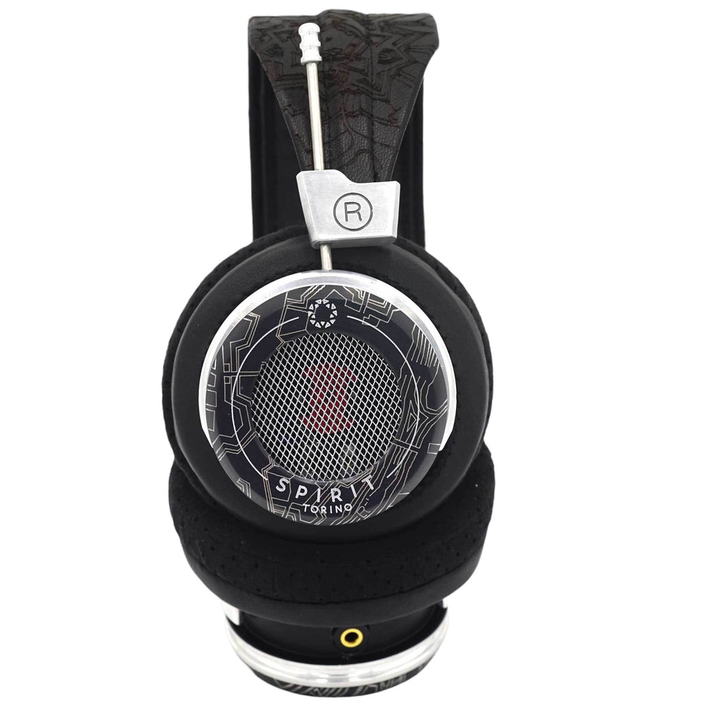 Close-up front view of Spirit Torino Super Leggera 1706 open back headphones with patterned ear cups and cushioned headband