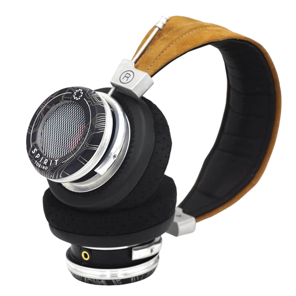 Spirit Torino Super Leggera 1706 open back headphones with brown suede headband and black ear pads on white background