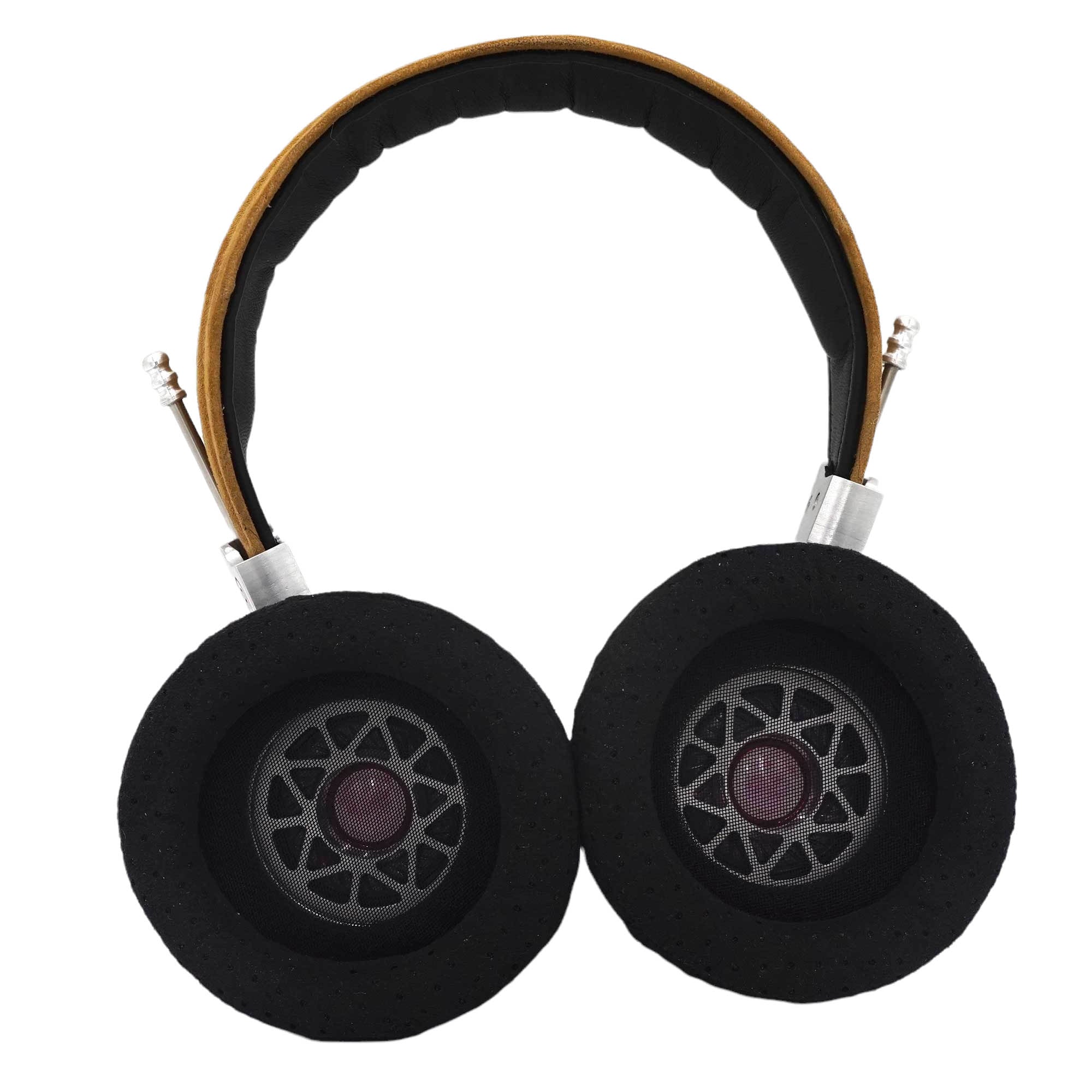 Top-down view of Spirit Torino Super Leggera 1706 open back headphones with black ear pads and leather headband