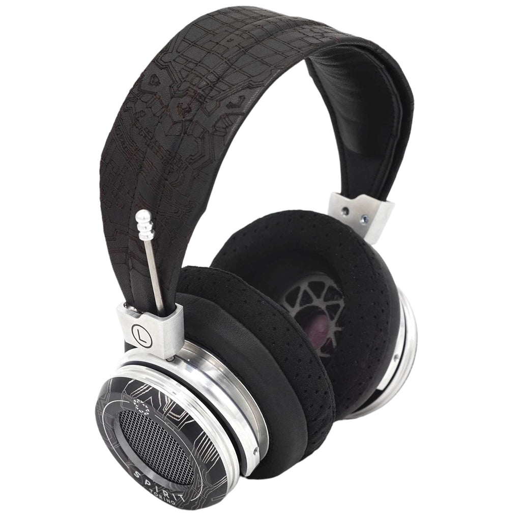Spirit Torino Super Leggera 1706 open back headphones with black perforated ear pads and patterned headband on white background