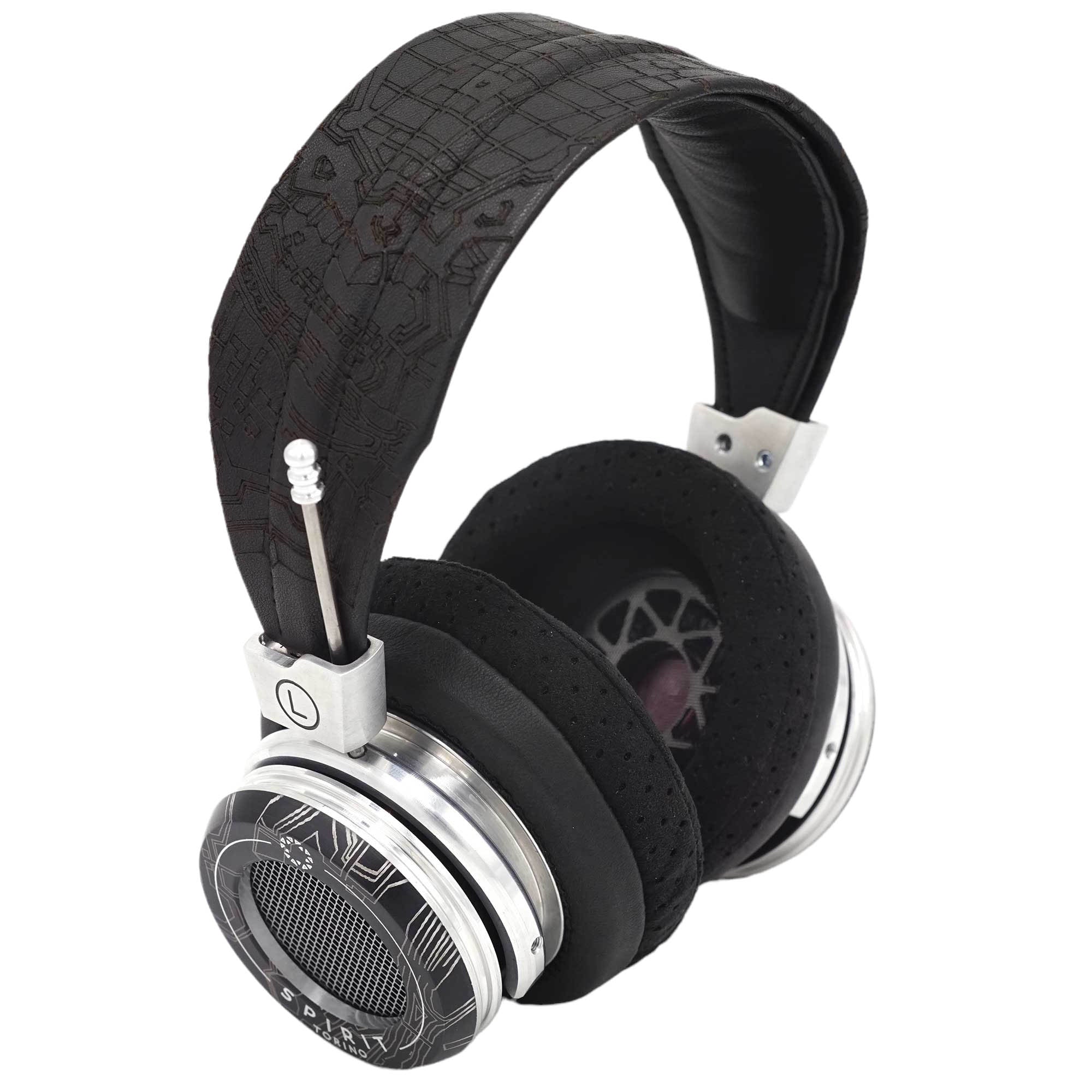 Spirit Torino Super Leggera 1706 open back headphones with black perforated ear pads and patterned headband on white background