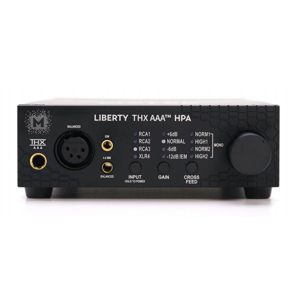 Front view of Mytek Liberty THX AAA™ Headphone Amp (Used) with input options and control knobs on white background