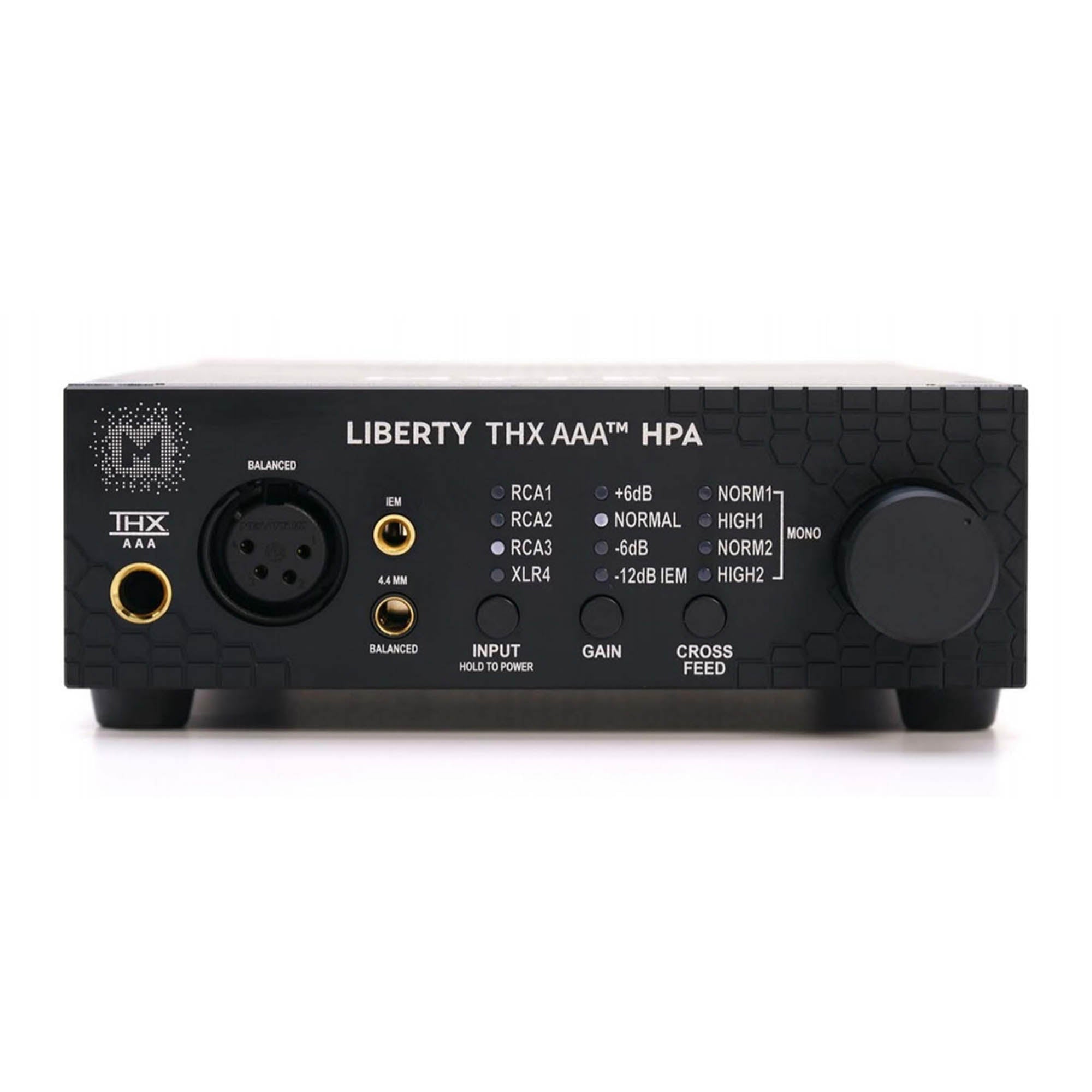 Front view of Mytek Liberty THX AAA™ Headphone Amp (Used) with input options and control knobs on white background