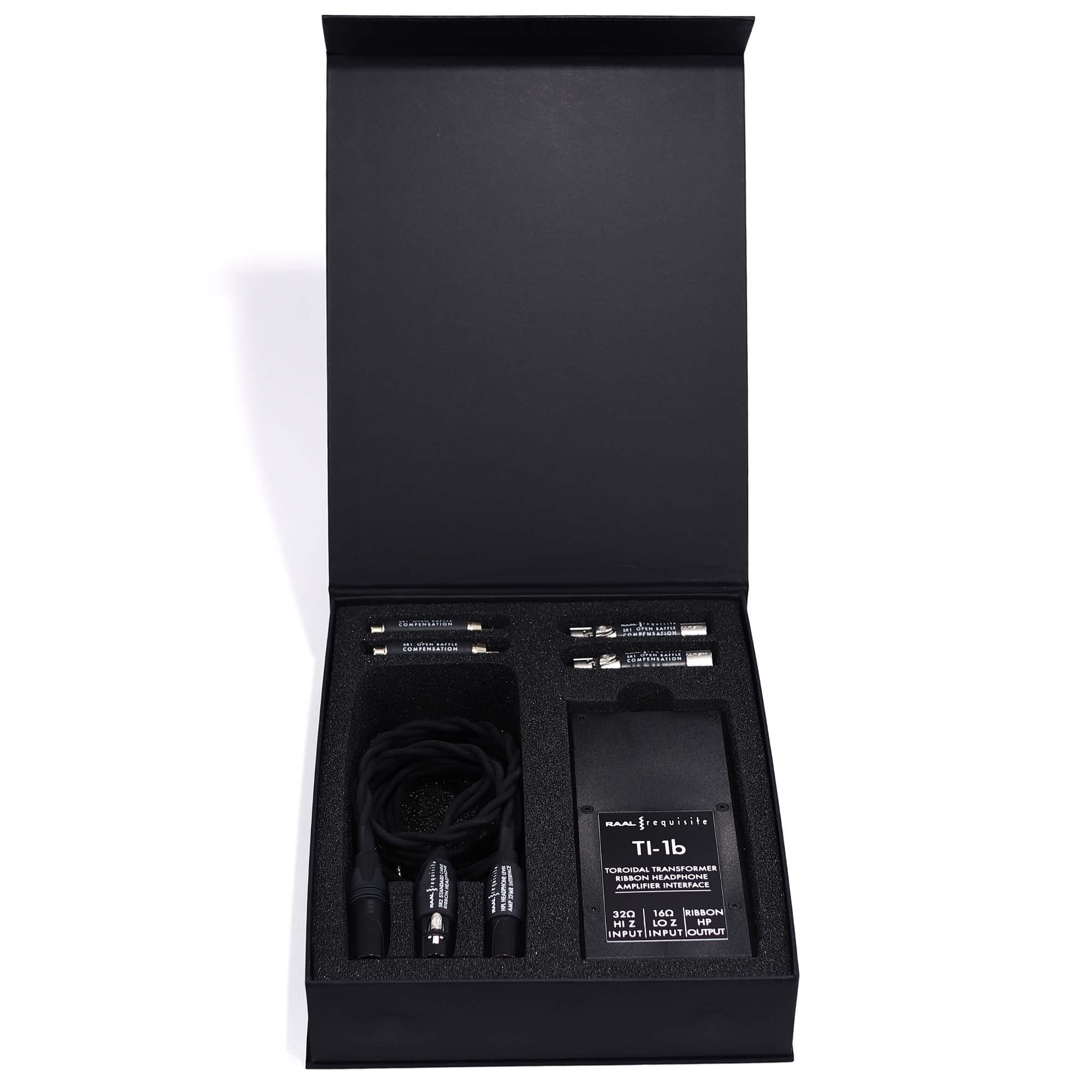 RAAL-requisite TI-1 Amp Interface for True-Ribbon™ Headphones with cables and transformer in black presentation box