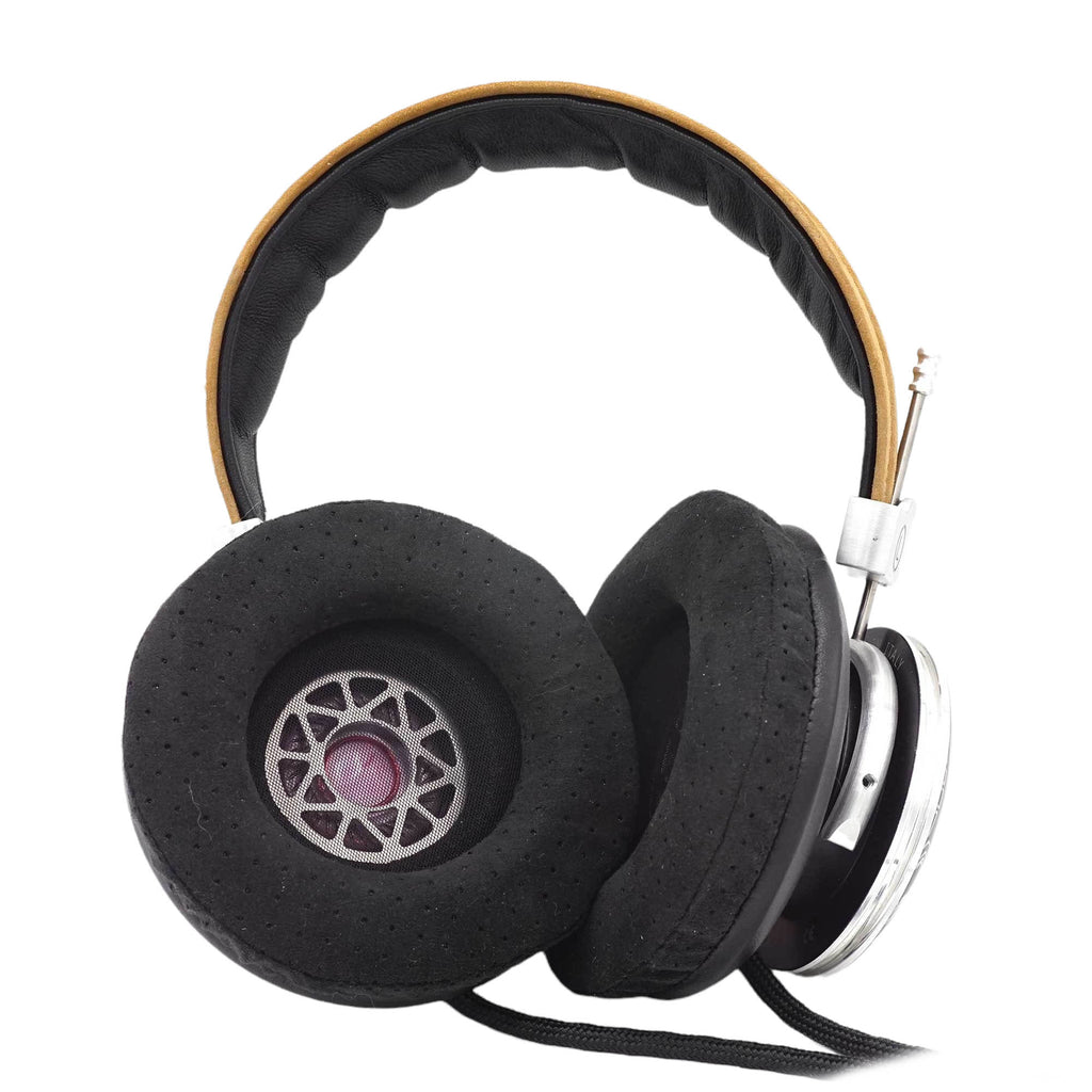 Spirit Torino Twin Pulse 1706 open back dynamic headphones with black cushioned ear pads and brown leather headband on white background