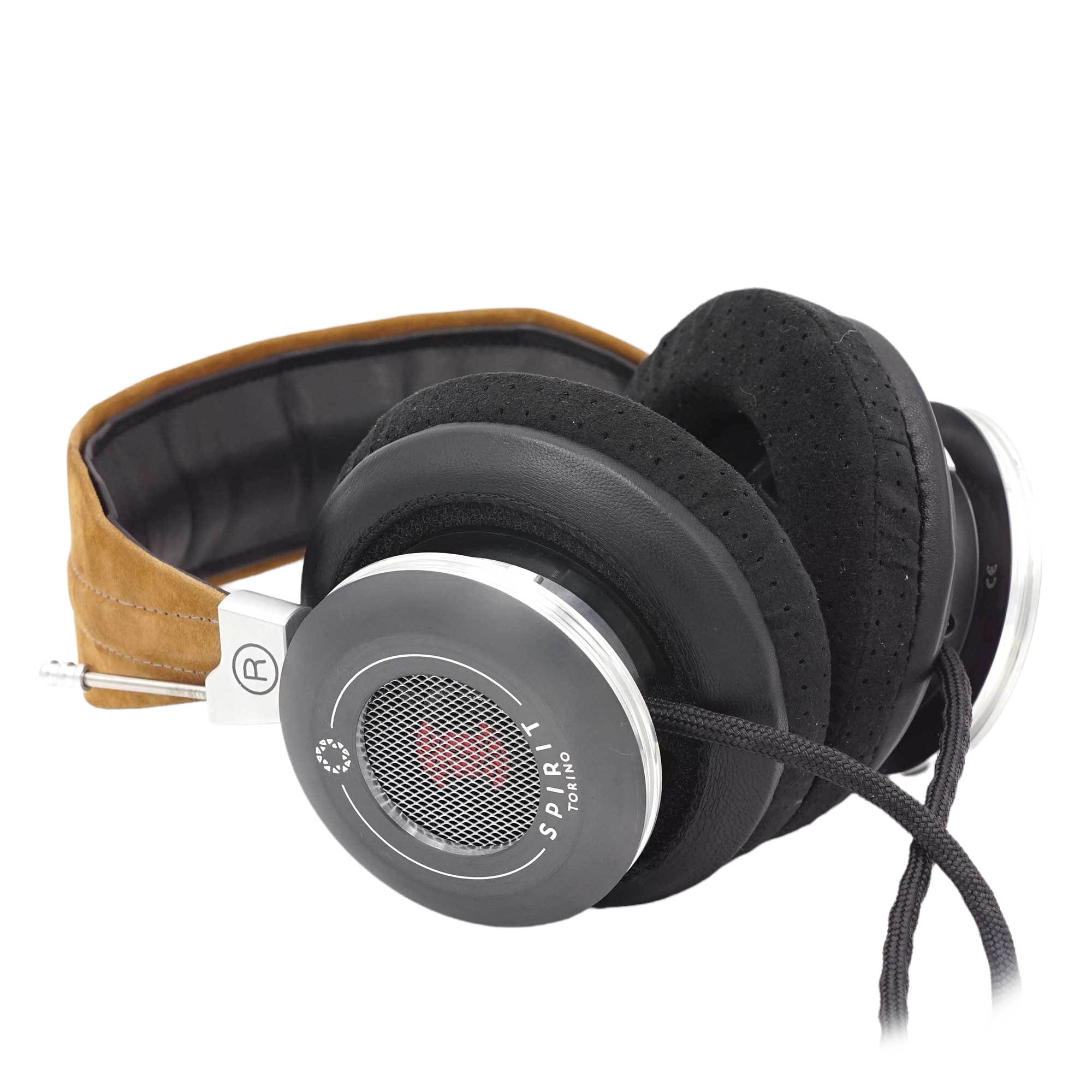Spirit Torino Twin Pulse open back dynamic headphones with cushioned ear pads and brown headband on white background