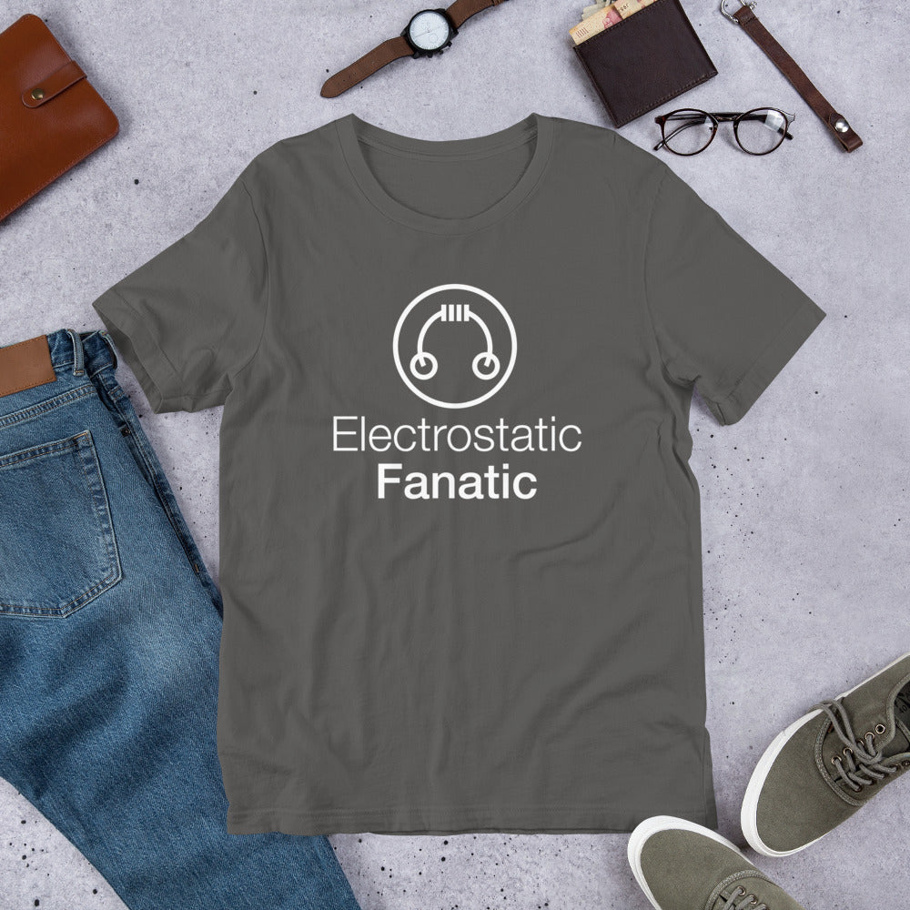 HeadAmp Electrostatic Fanatic T-Shirt in gray with white graphic and text laid flat with jeans shoes and accessories nearby
