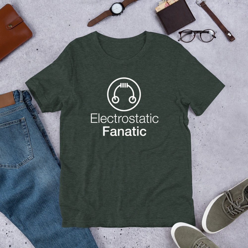 HeadAmp Electrostatic Fanatic T-Shirt in dark green with white graphic and text laid flat with casual accessories nearby