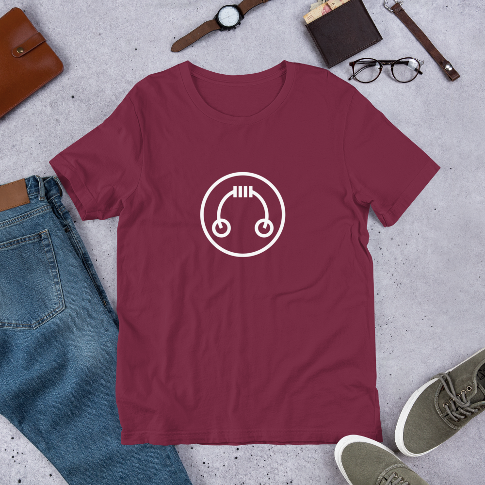 HeadAmp Logo T-Shirt in burgundy with white logo, styled flat with casual accessories on a grey surface
