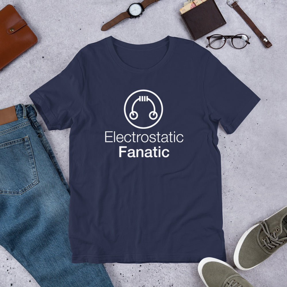 Flat lay of a navy HeadAmp Electrostatic Fanatic T-Shirt with white logo surrounded by casual accessories