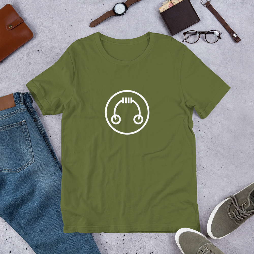 Olive green HeadAmp Logo T-Shirt with white headphone logo, styled flat with jeans, sneakers, glasses, and watch accessories