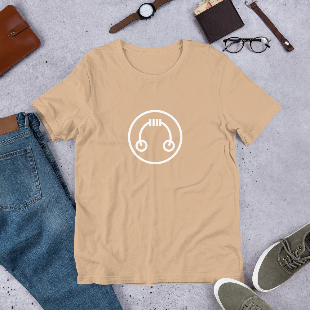 Beige HeadAmp Logo T-Shirt laid flat with casual accessories on a gray background in natural light