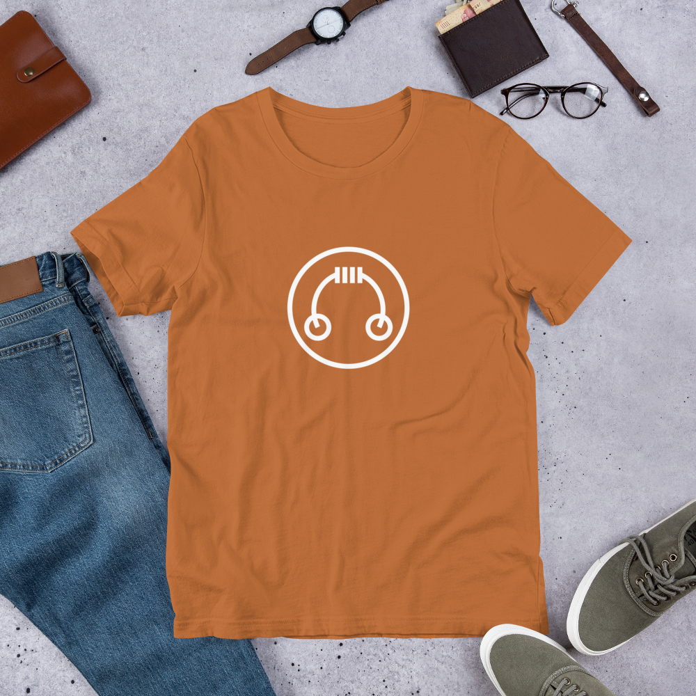 Orange HeadAmp Logo T-Shirt laid flat on gray surface surrounded by casual accessories including jeans and sneakers