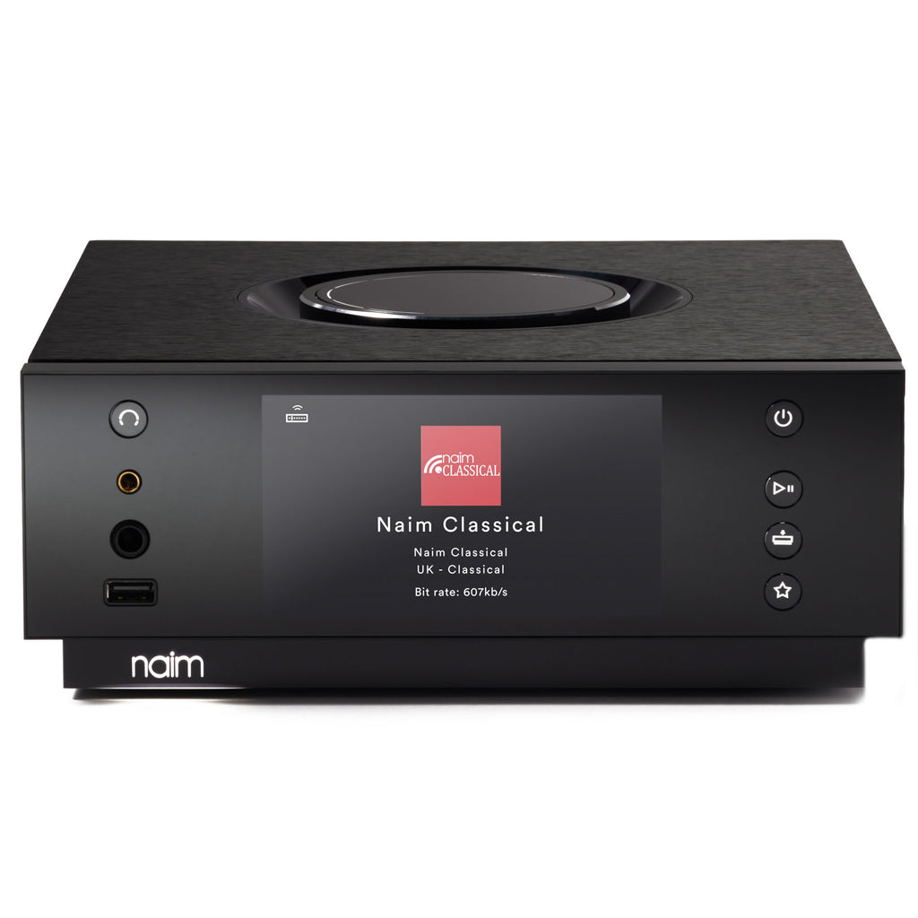 NAIM Uniti Atom Headphone Edition digital music streamer and DAC with display and multiple headphone outputs on white background