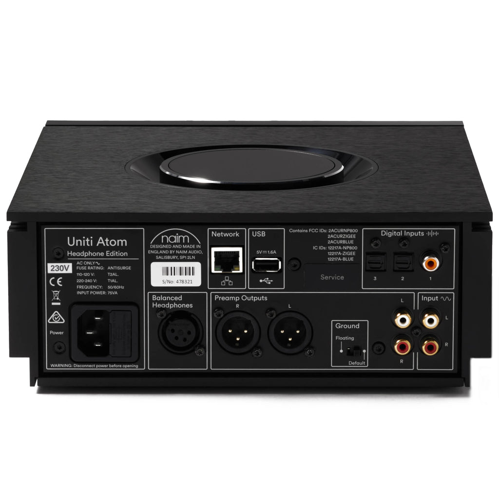 Rear view of NAIM Uniti Atom Headphone Edition showing balanced headphone, network, USB, digital inputs, and preamp outputs