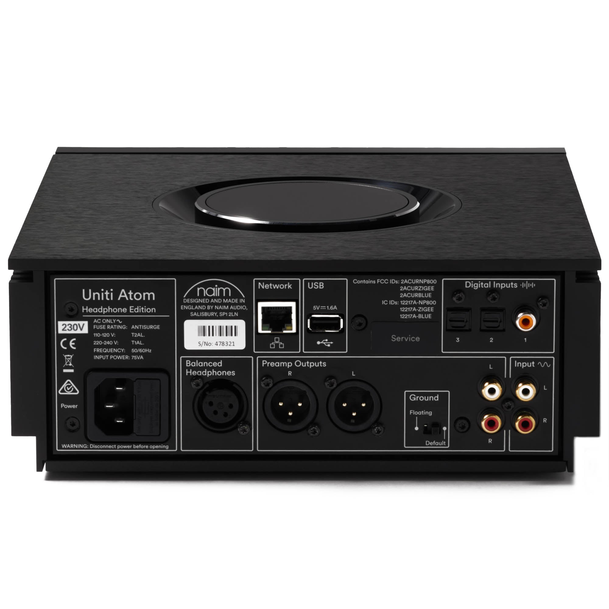 Rear view of NAIM Uniti Atom Headphone Edition showing balanced headphone, network, USB, digital inputs, and preamp outputs