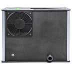 Side view of the Audio Desk Vinyl Cleaner Pro X showing cooling fan and water outlet on white background