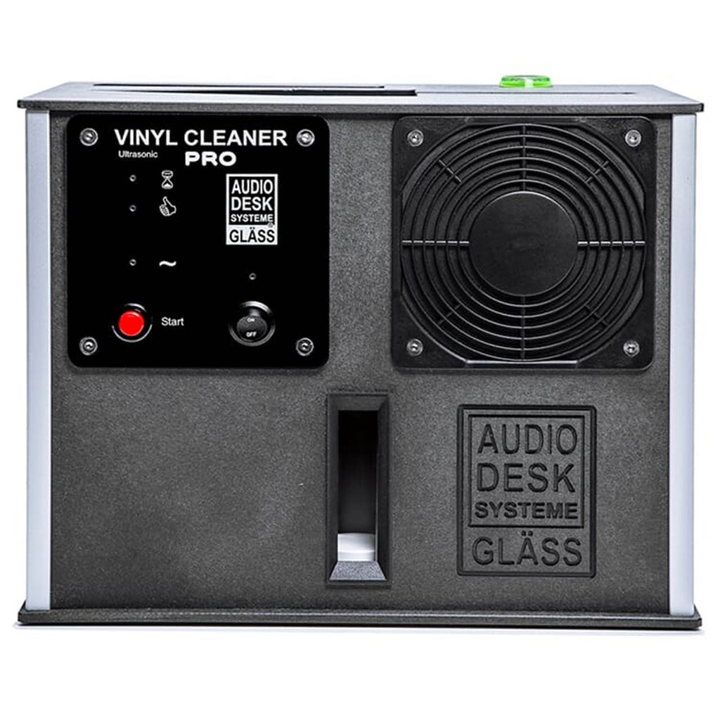 Front view of the Audio Desk Vinyl Cleaner Pro X with control panel and fan on a white background