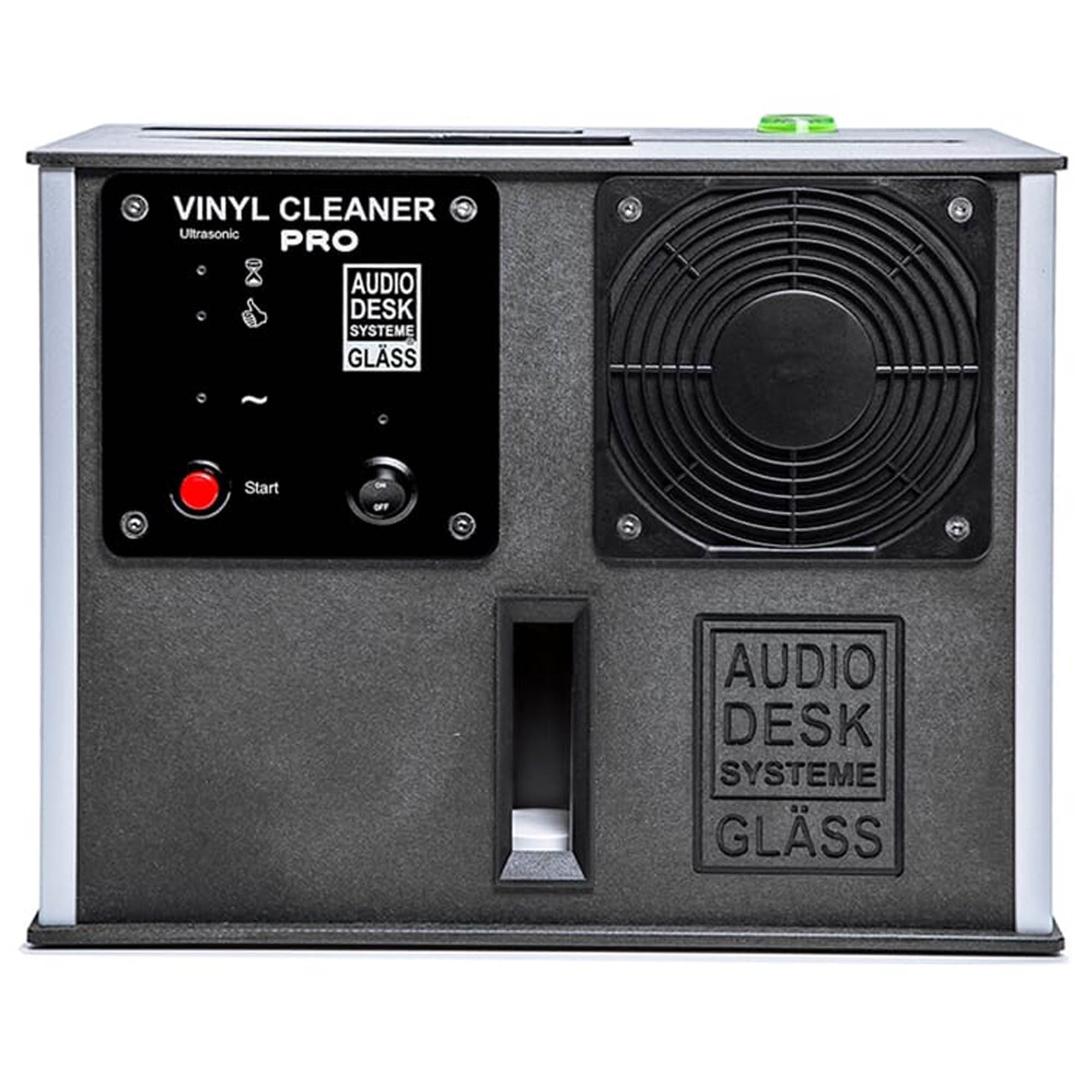 Front view of the Audio Desk Vinyl Cleaner Pro X with control panel and fan on a white background