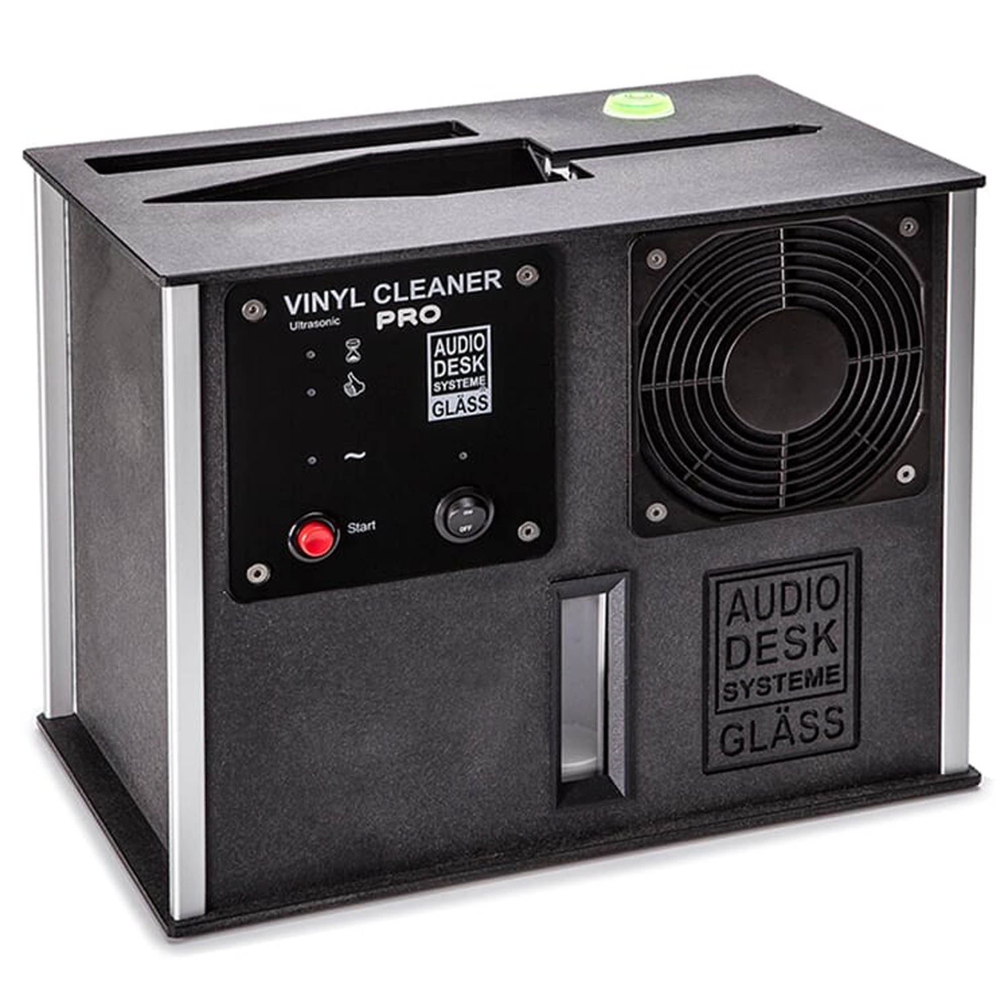 Audio Desk Vinyl Cleaner Pro X record cleaning machine with black casing and control panel on white background