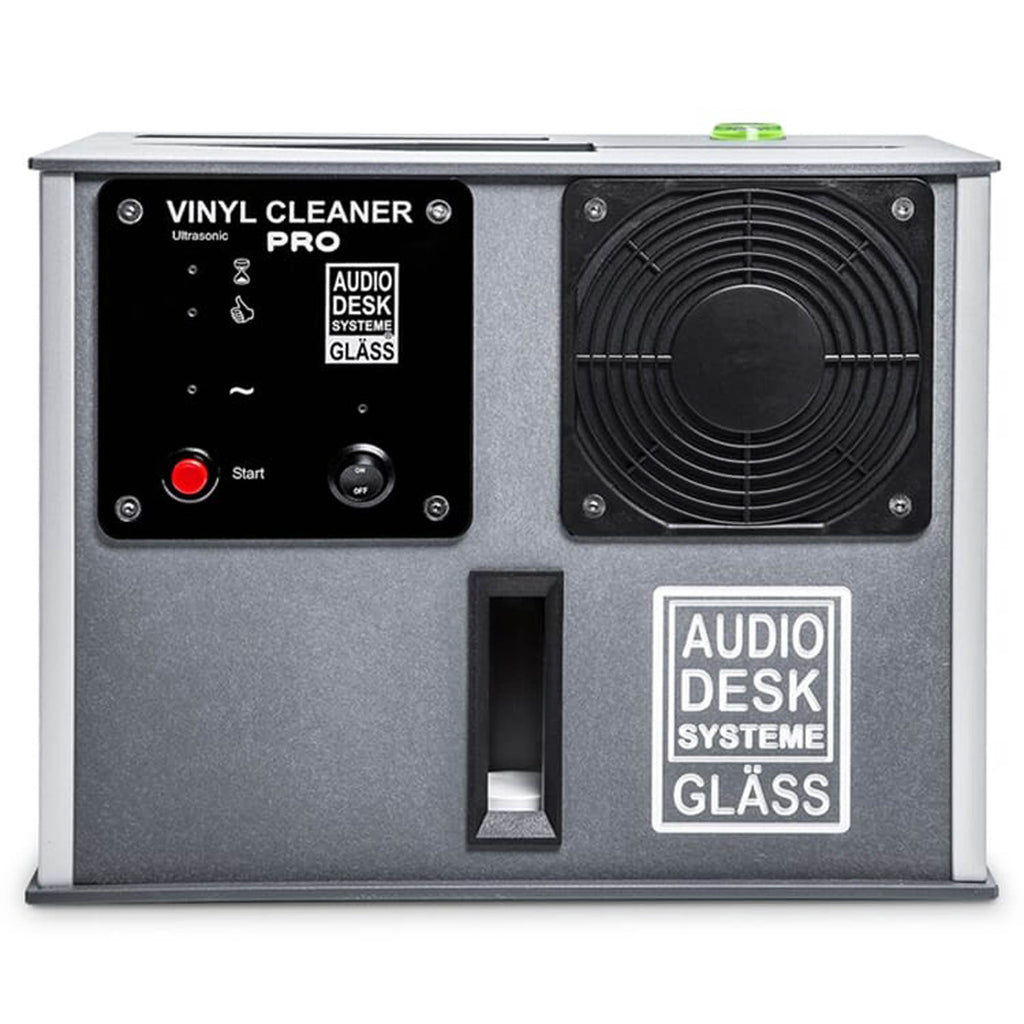 Front view of the Audio Desk Vinyl Cleaner Pro X with control panel and ventilation grill on a white background