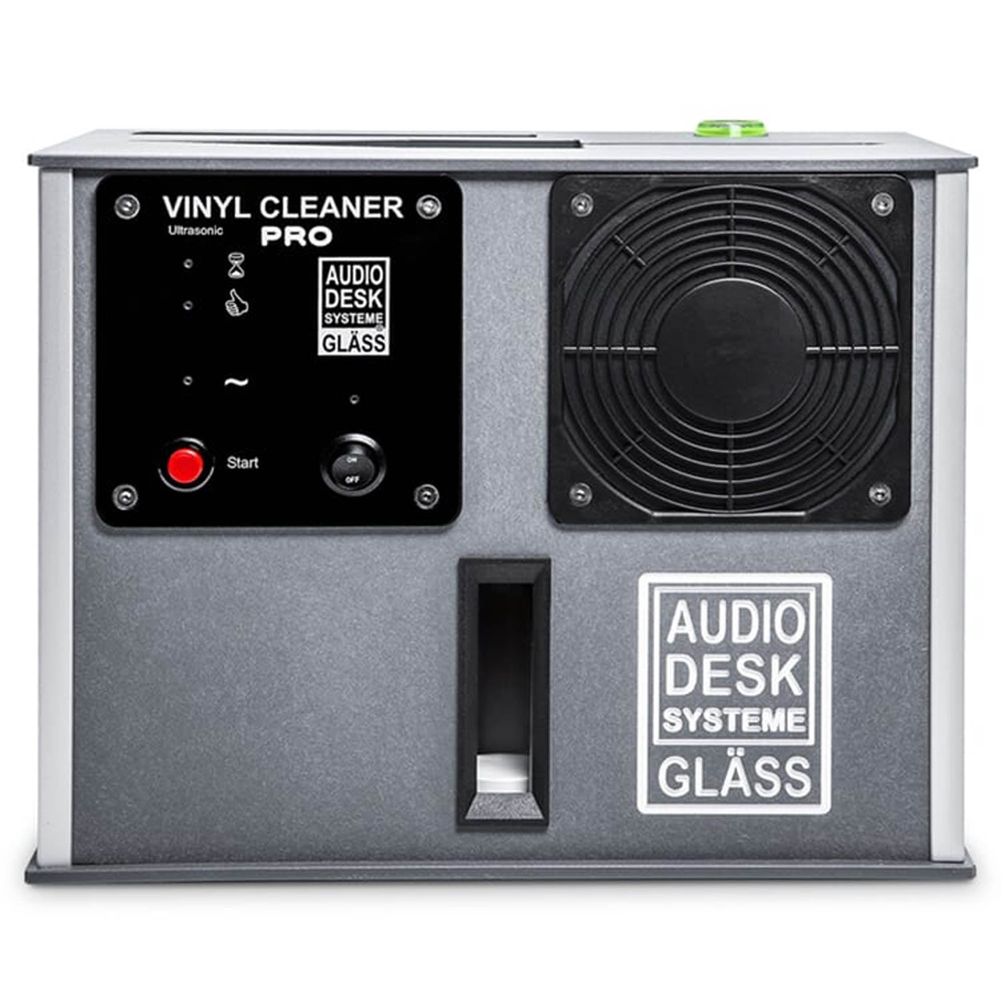 Front view of the Audio Desk Vinyl Cleaner Pro X with control panel and ventilation grill on a white background
