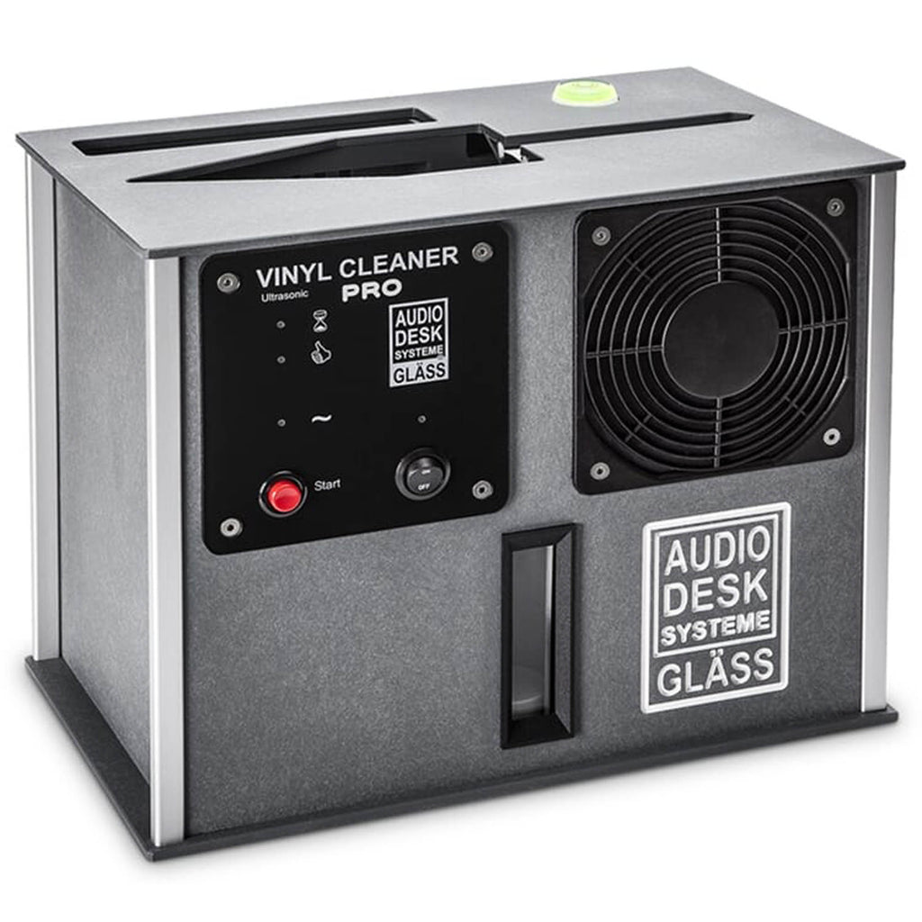 Audio Desk Vinyl Cleaner Pro X ultrasonic record cleaning machine with control panel and cooling fan on white background