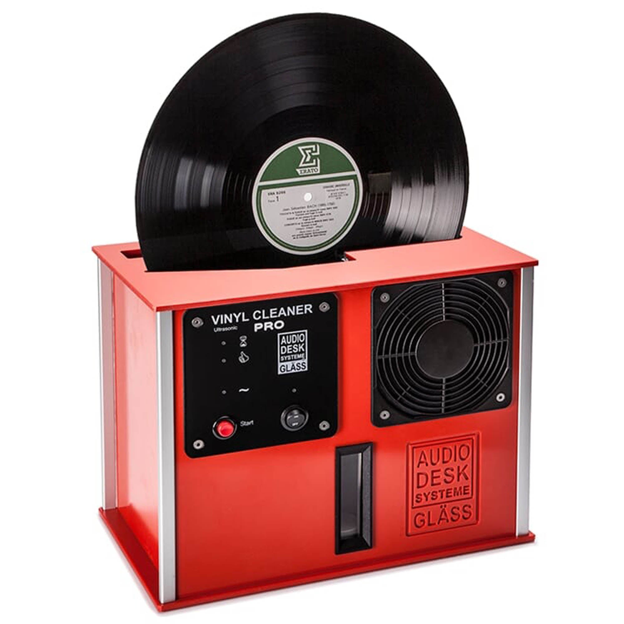 Audio Desk Vinyl Cleaner Pro X with black vinyl record inserted in bright red cleaning machine on white background