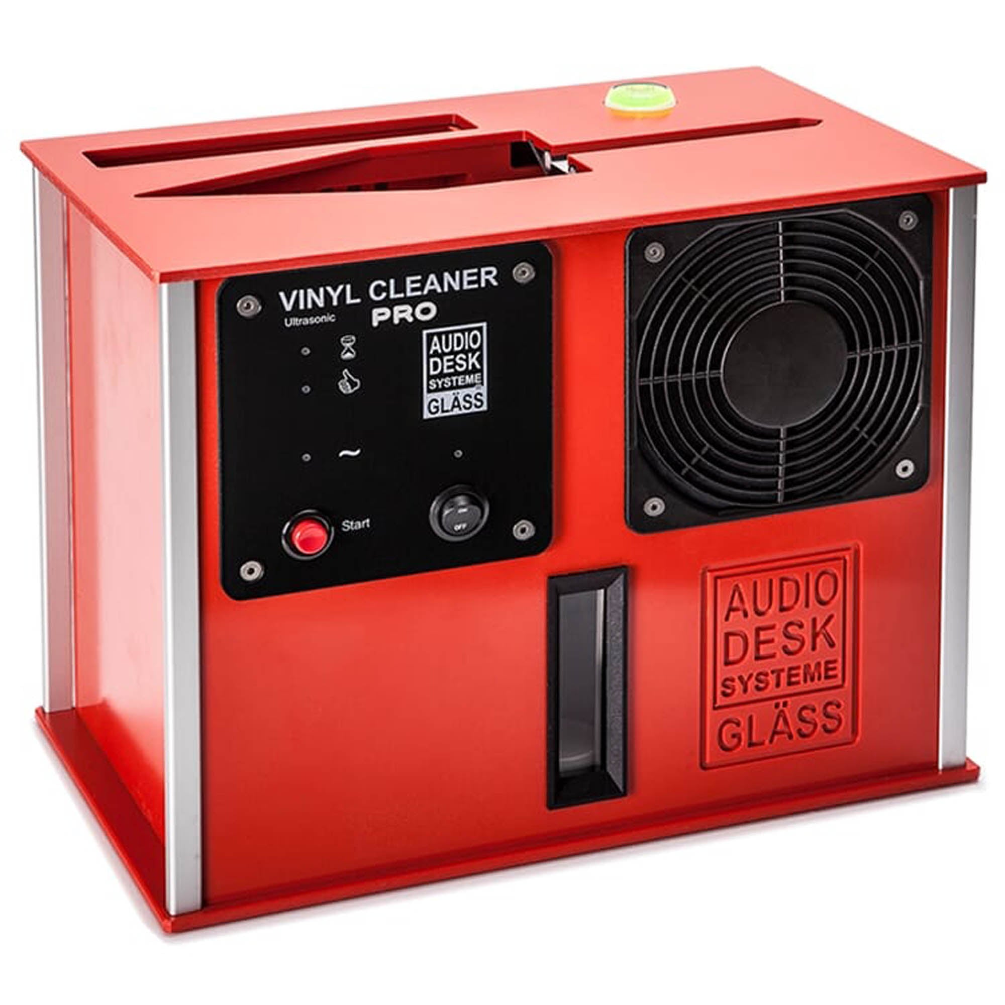 Red Audio Desk Vinyl Cleaner Pro X with control panel, start button, and large cooling fan on a white background