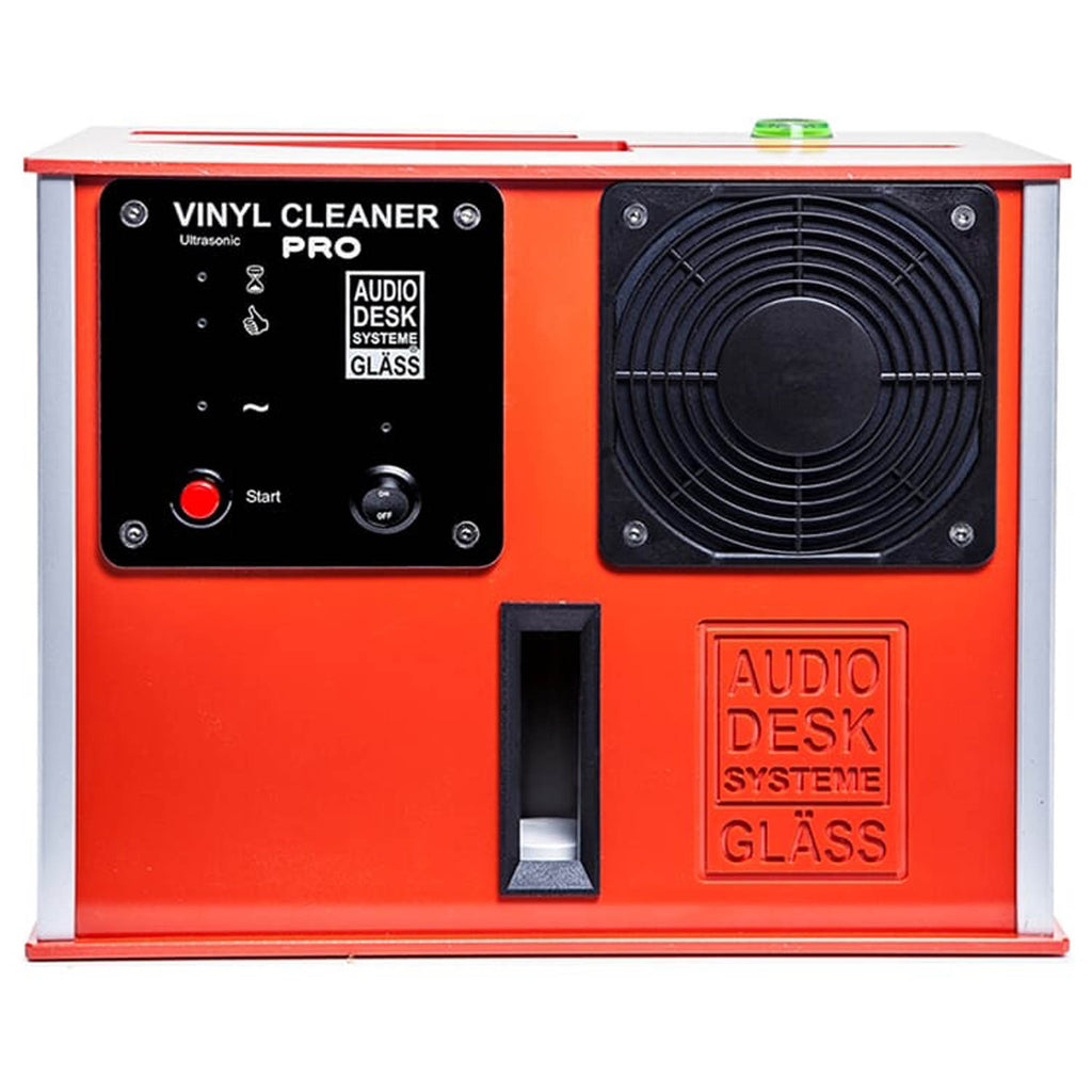Front view of the red Audio Desk Vinyl Cleaner Pro X with control panel and cooling fan on a white background