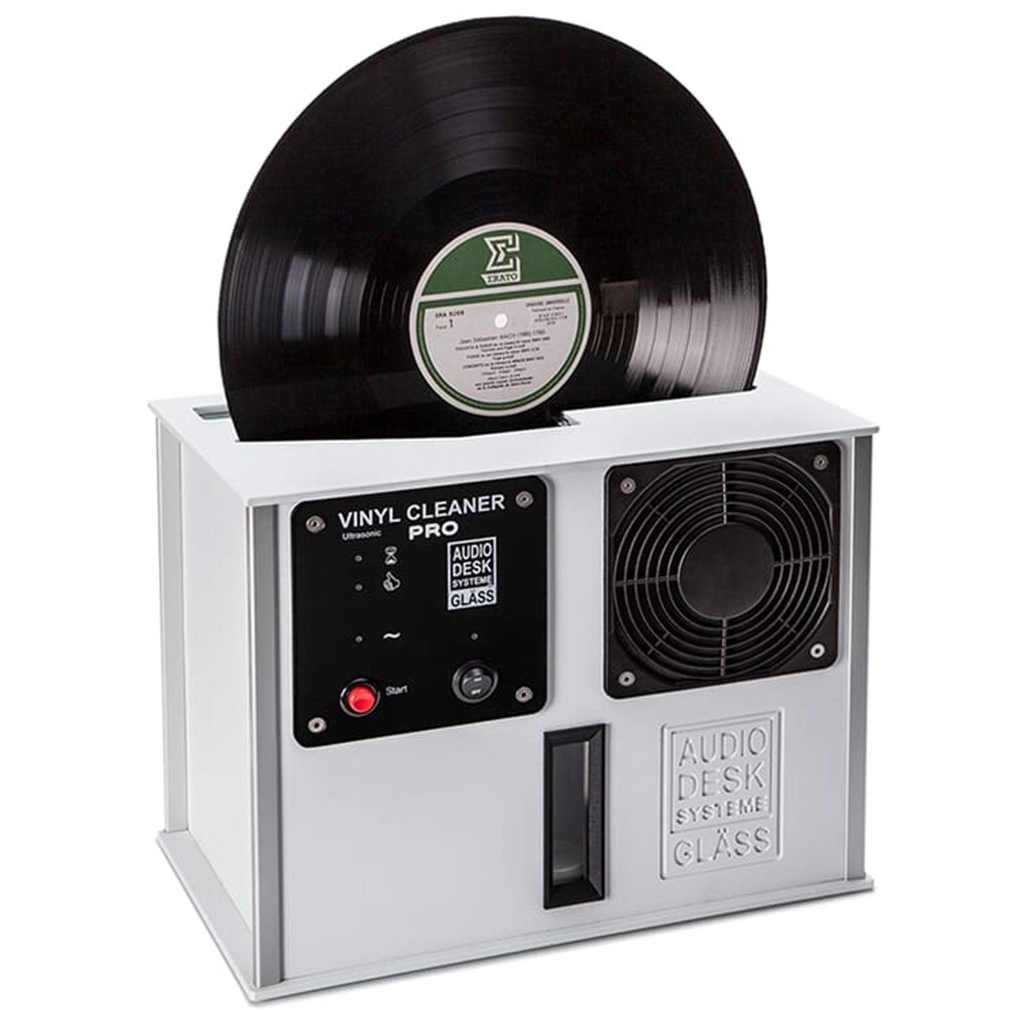 Audio Desk Vinyl Cleaner Pro X with black vinyl record inserted, white casing, control panel, and cooling fan visible