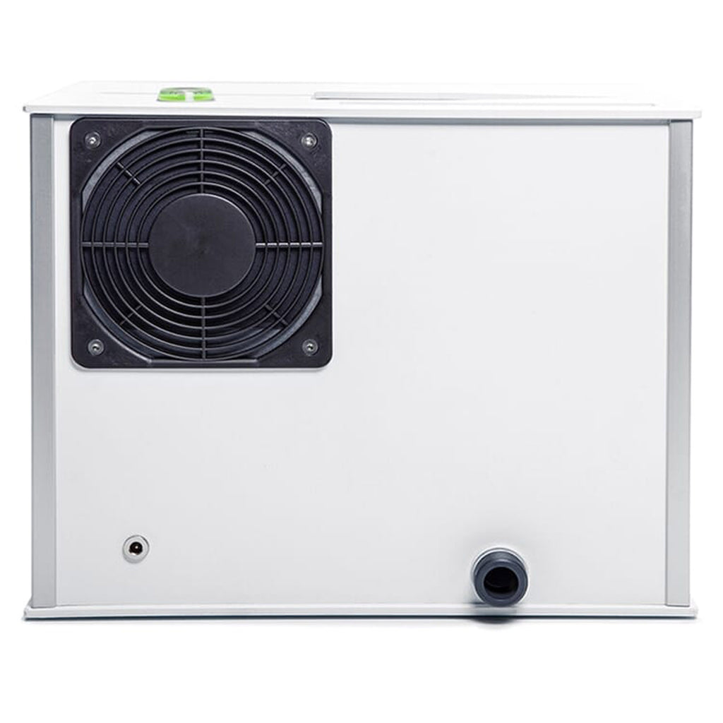 Side view of the Audio Desk Vinyl Cleaner Pro X showing ventilation fan and water inlet on white background