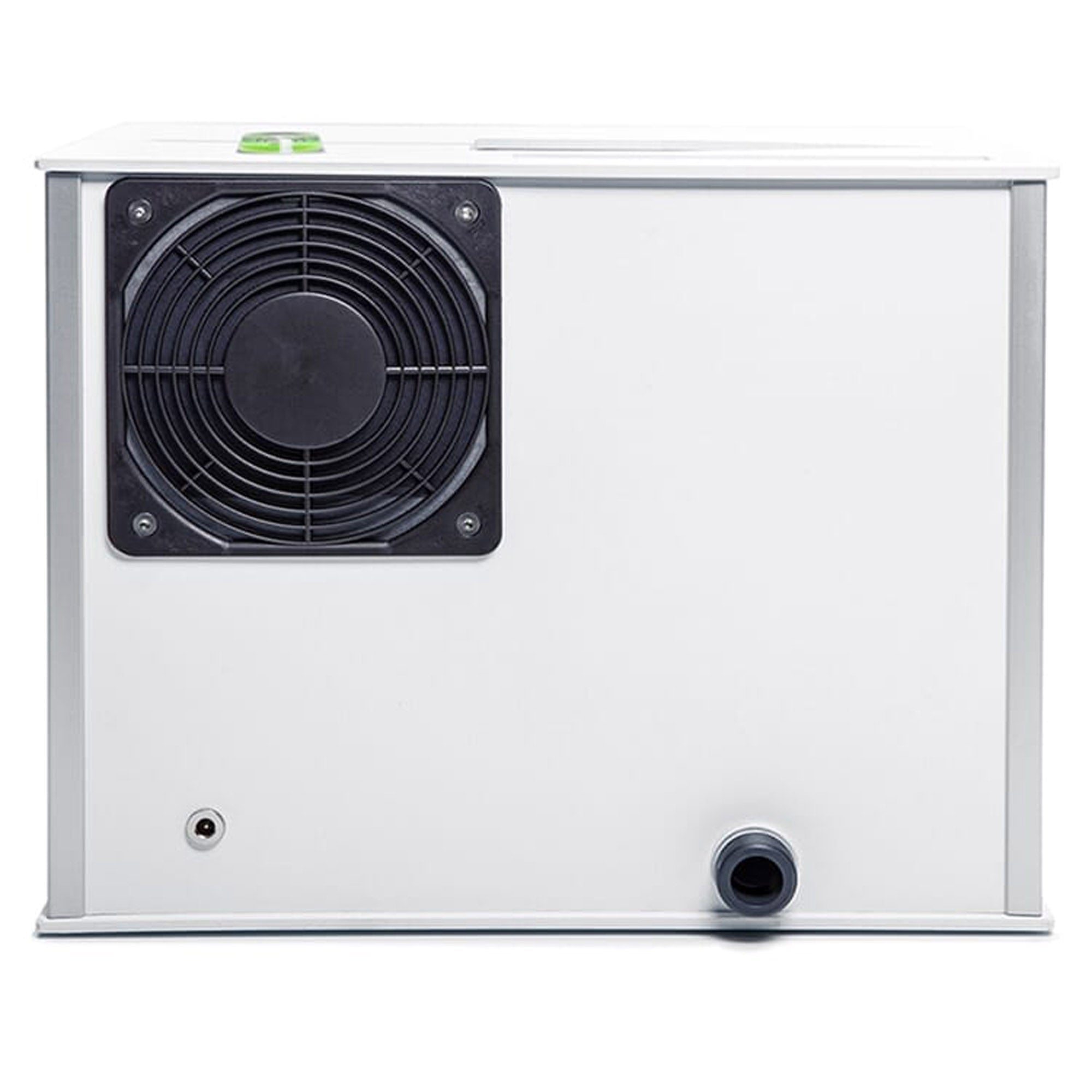 Side view of the Audio Desk Vinyl Cleaner Pro X showing ventilation fan and water inlet on white background