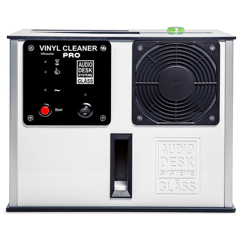 Front view of the Audio Desk Vinyl Cleaner Pro X with control panel, start button, and ventilation fan on white surface