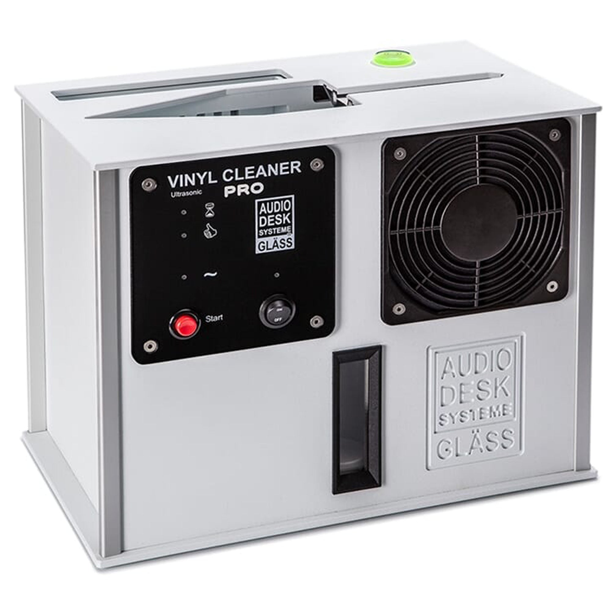 Audio Desk Vinyl Cleaner Pro X ultrasonic record cleaner with control panel and cooling fan on white background