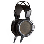 The STAX SR-X9000 by STAX are large, over-ear electrostatic headphones with a black frame, wide padded headband, circular ear cups with metallic mesh grills, and two detachable cables for connection to a premium headphone amplifier.