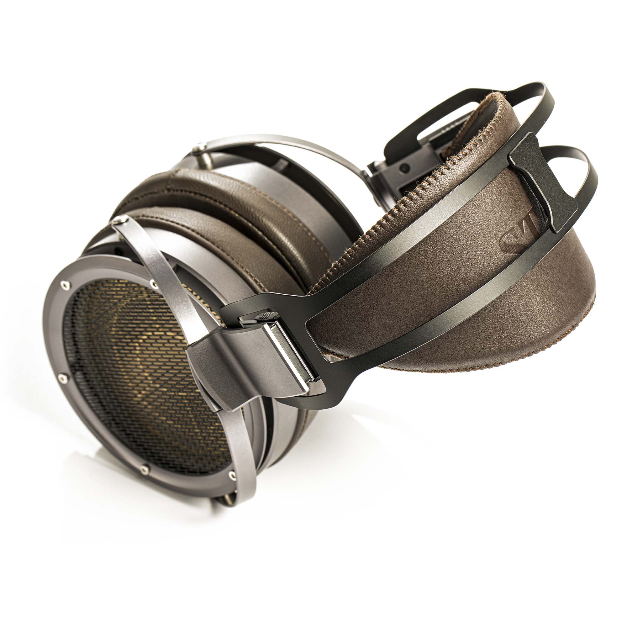 STAX SR-X9000 electrostatic open back headphones with brown ear cups and metal frame on white background