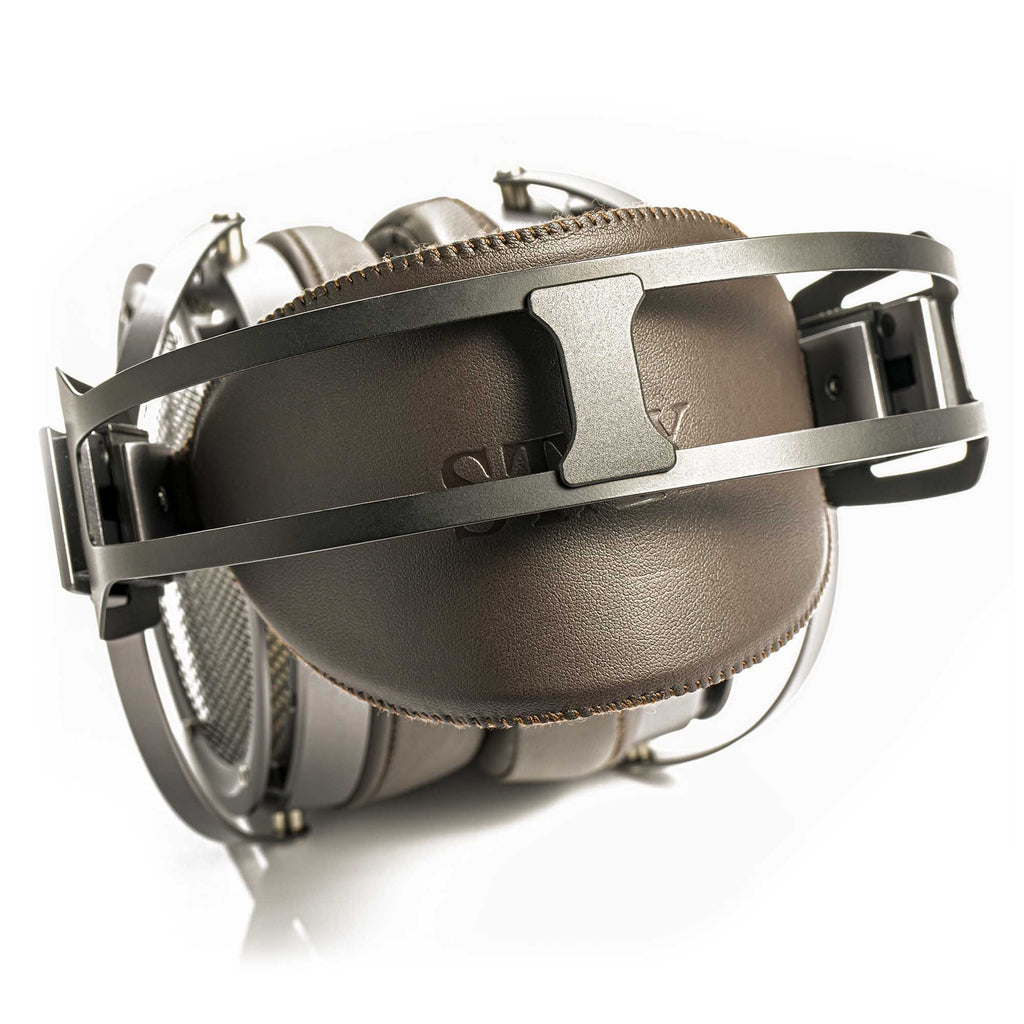 STAX SR-X9000 electrostatic headphones showing brown leather ear pads and metal headband in close-up view