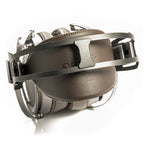 STAX SR-X9000 electrostatic headphones showing brown leather ear pads and metal headband in close-up view
