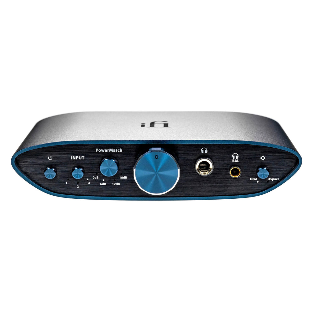 Front view of the iFi Audio ZEN CAN Signature HFM analog headphone amplifier with blue control knobs on white background