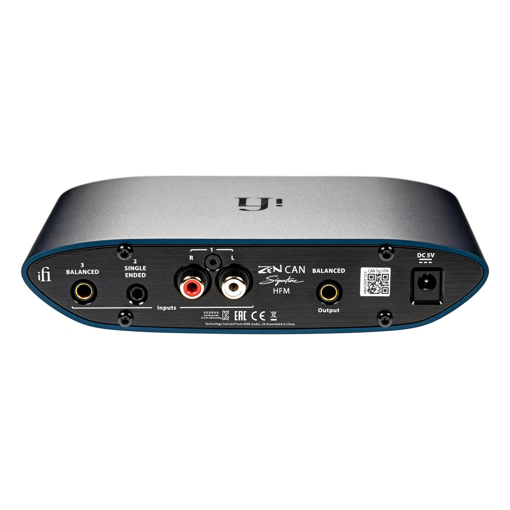 Rear view of iFi Audio ZEN CAN Signature HFM headphone amplifier showing balanced and single-ended inputs and outputs on white background