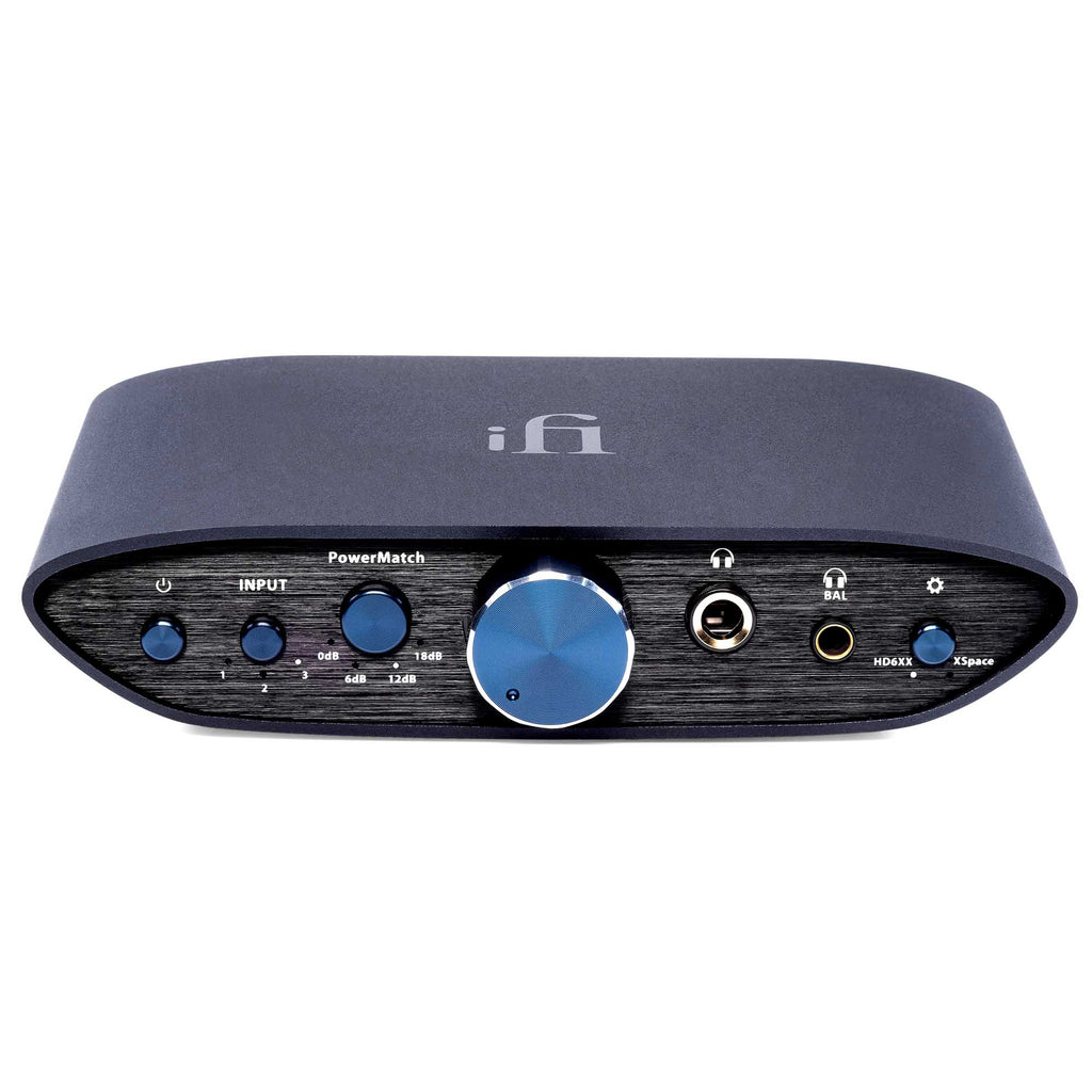 Front view of iFi Audio ZEN CAN Signature 6XX headphone amplifier with knobs and headphone jacks on white background