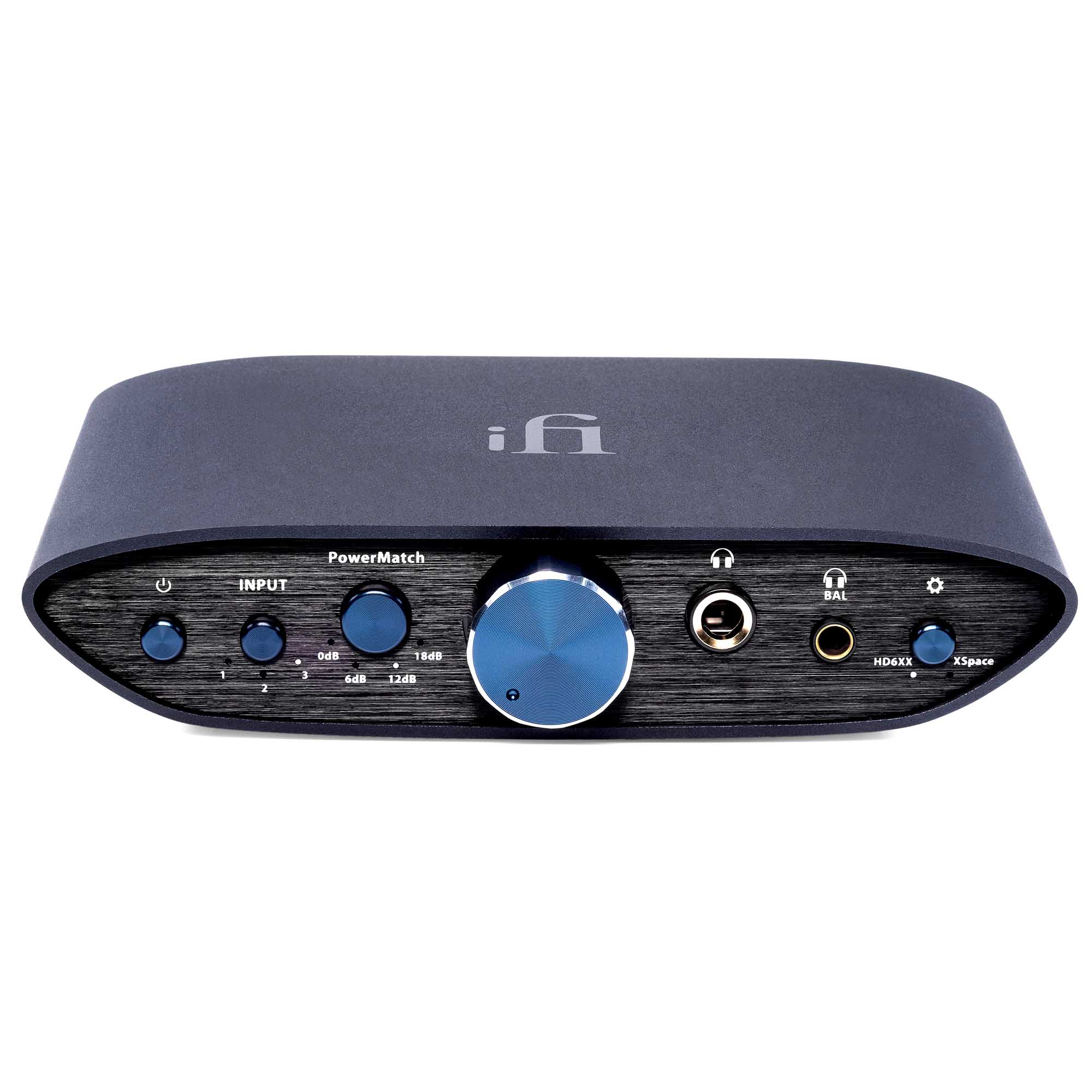 Front view of iFi Audio ZEN CAN Signature 6XX headphone amplifier with knobs and headphone jacks on white background