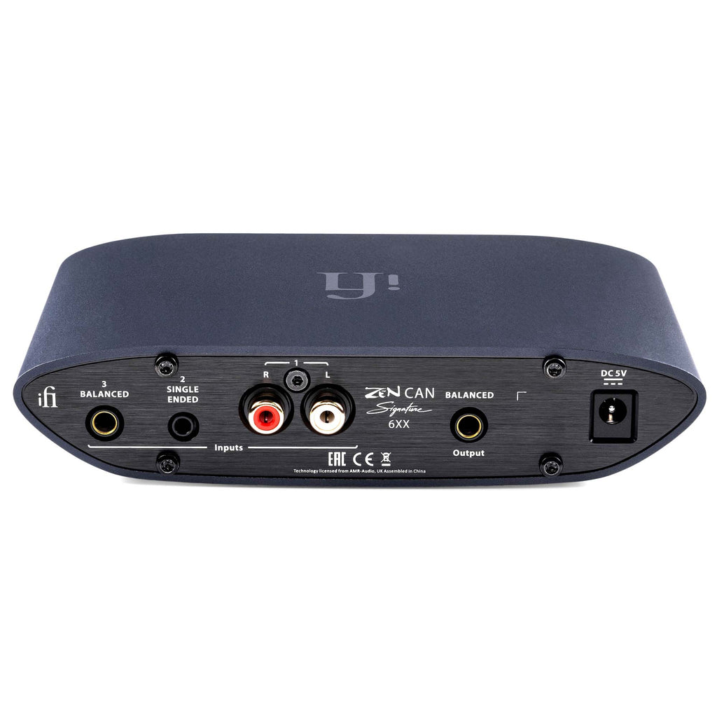 Rear view of iFi Audio ZEN CAN Signature 6XX headphone amplifier showing balanced and single-ended inputs and output ports