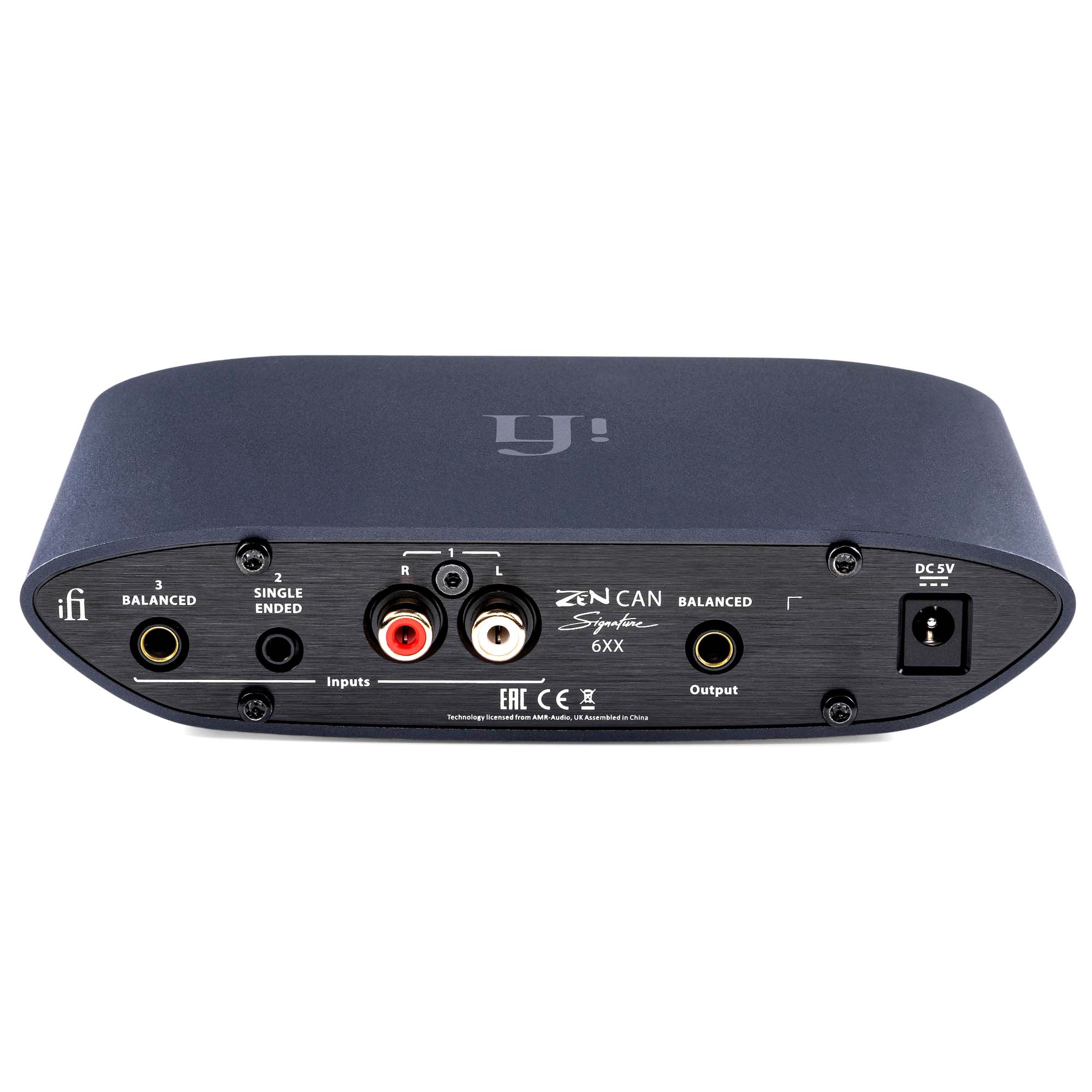 Rear view of iFi Audio ZEN CAN Signature 6XX headphone amplifier showing balanced and single-ended inputs and output ports