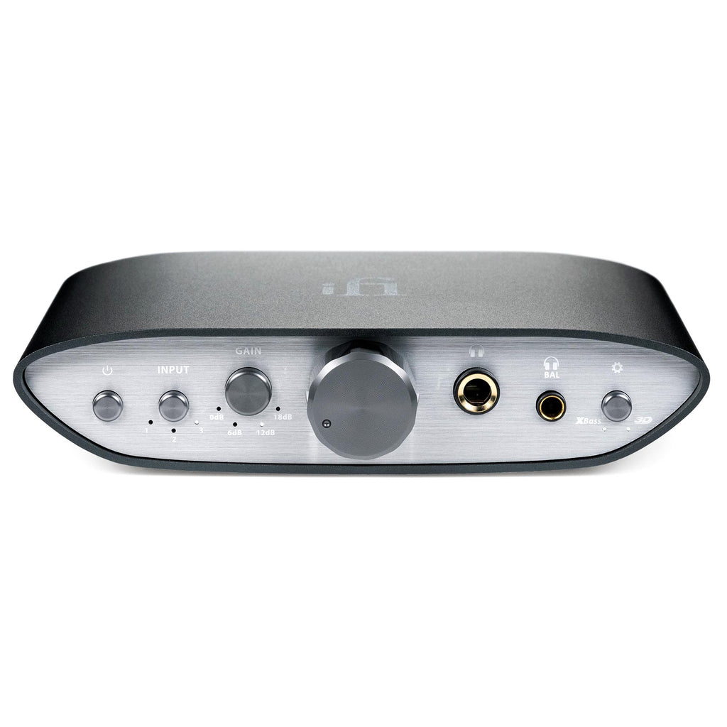 Front view of iFi Audio ZEN CAN Balanced Headphone Amp with control knobs and headphone jacks on silver panel