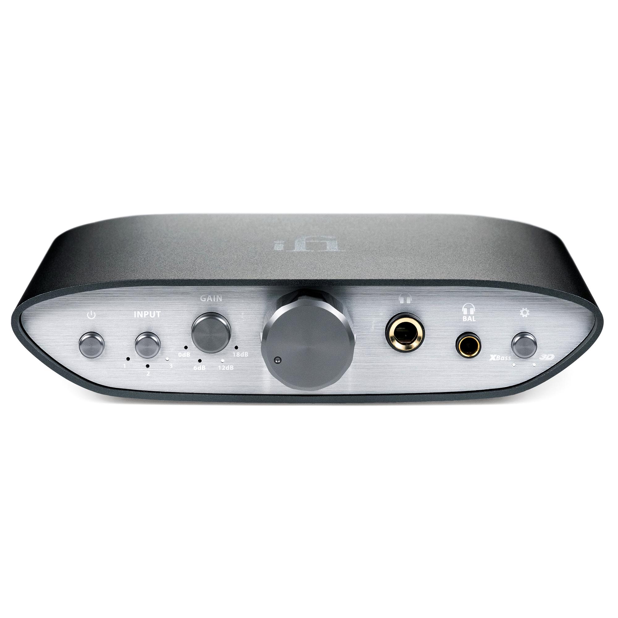 Front view of iFi Audio ZEN CAN Balanced Headphone Amp with control knobs and headphone jacks on silver panel
