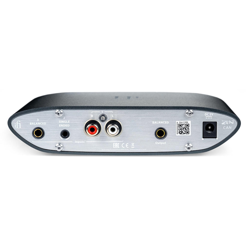 Rear view of iFi Audio ZEN CAN Balanced Headphone Amp showing input and output ports on white background