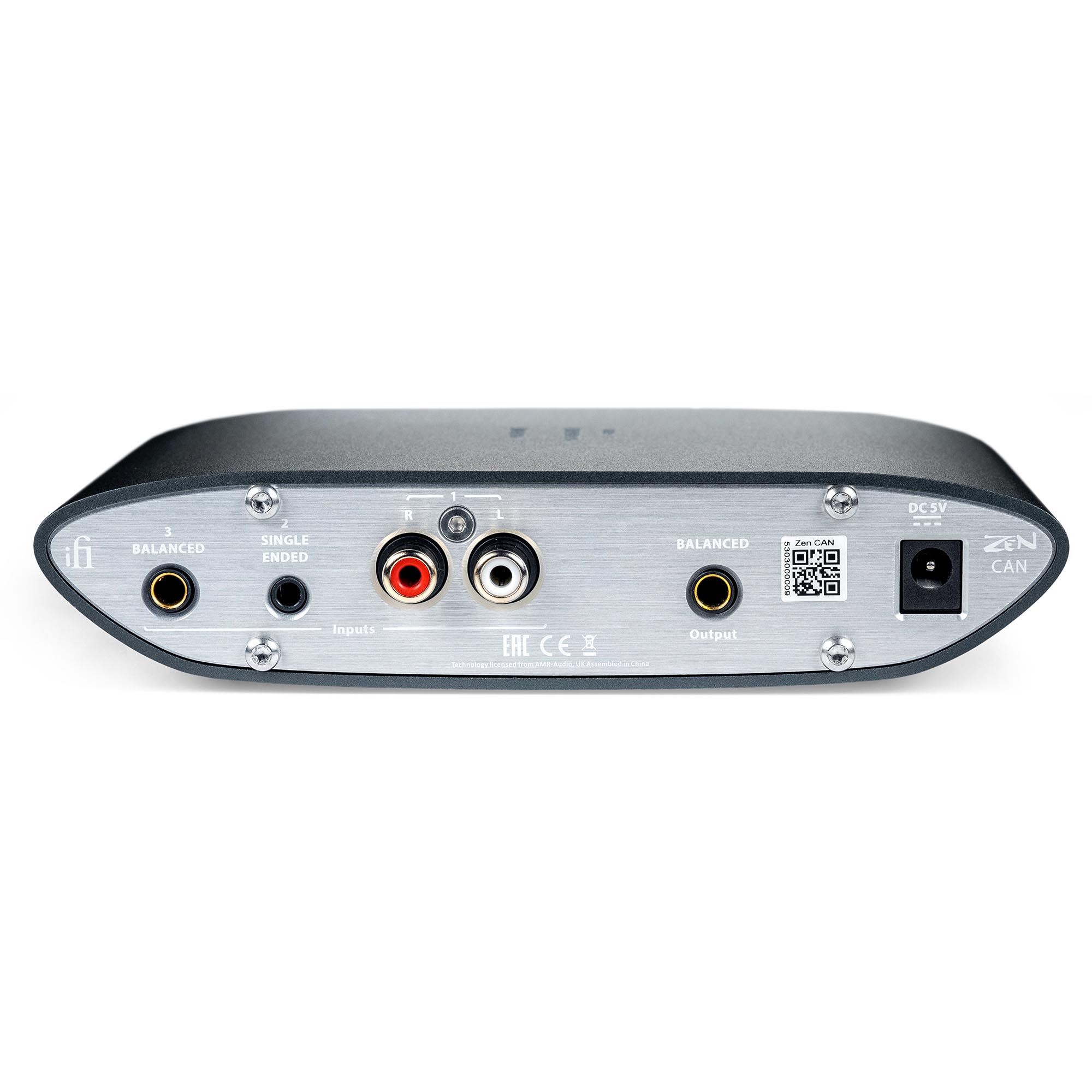 Rear view of iFi Audio ZEN CAN Balanced Headphone Amp showing input and output ports on white background